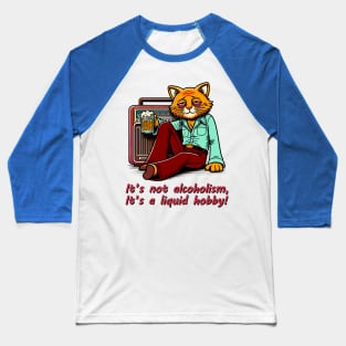 Retro Drunk Cat Cartoon - 70s Party Animal with Vintage Radio and Humor Quote Baseball T-Shirt